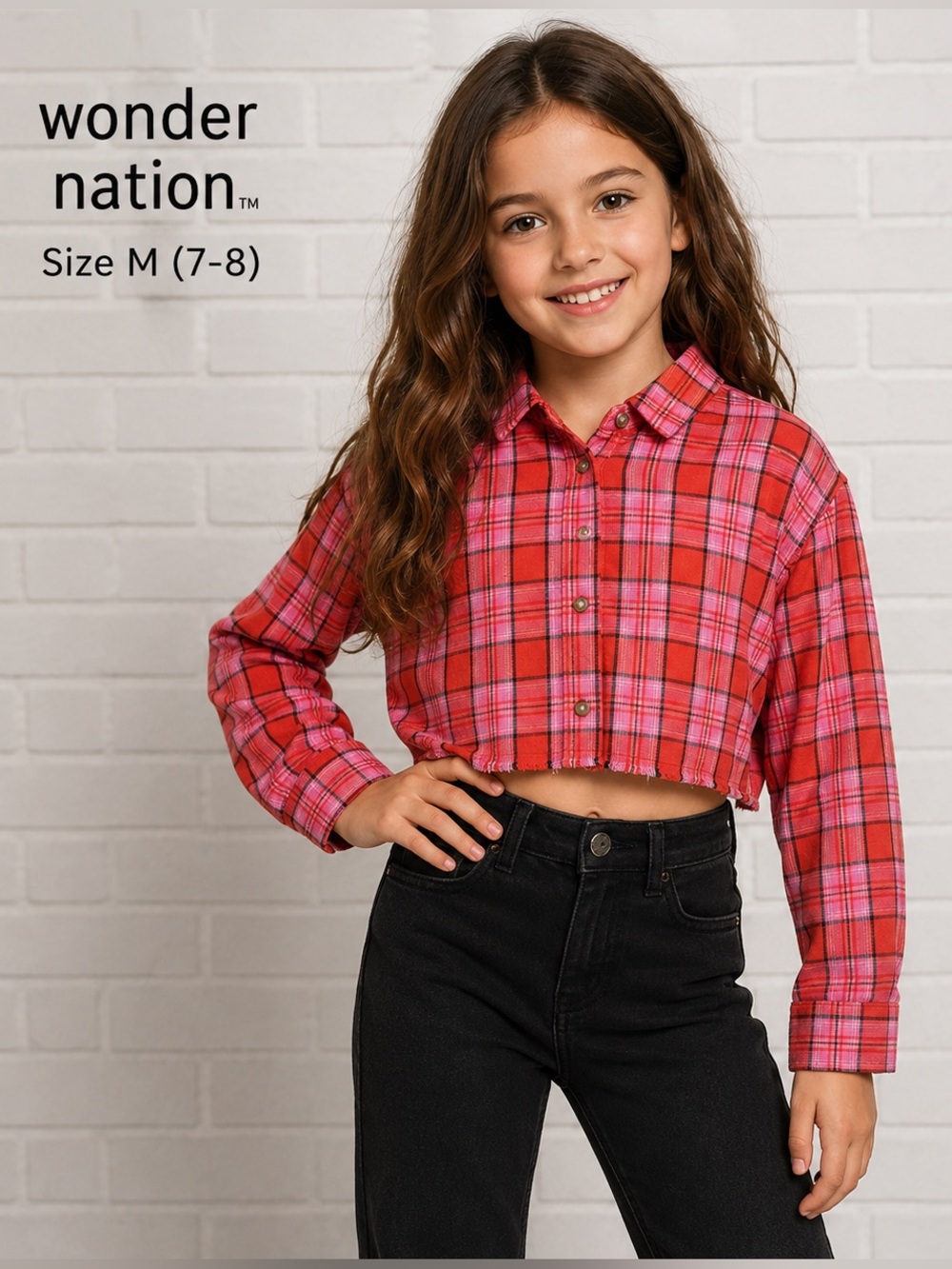 Wonder Nation Girls Size M 7-8 Pink Red Plaid Cropped Flannel Shirt fashion chic